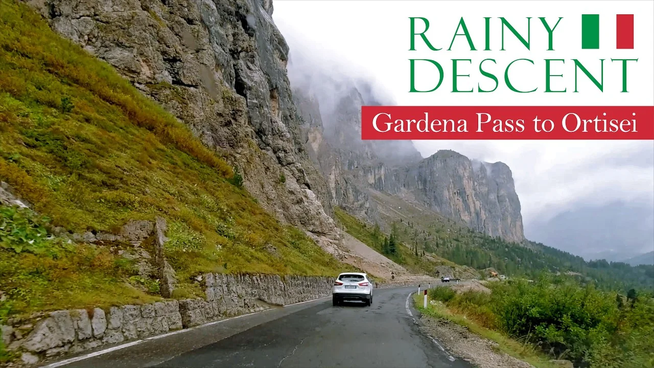 Rainy Mountain Drive – Gardena Pass to Ortisei | Italian Dolomites in Real Time scenic drive