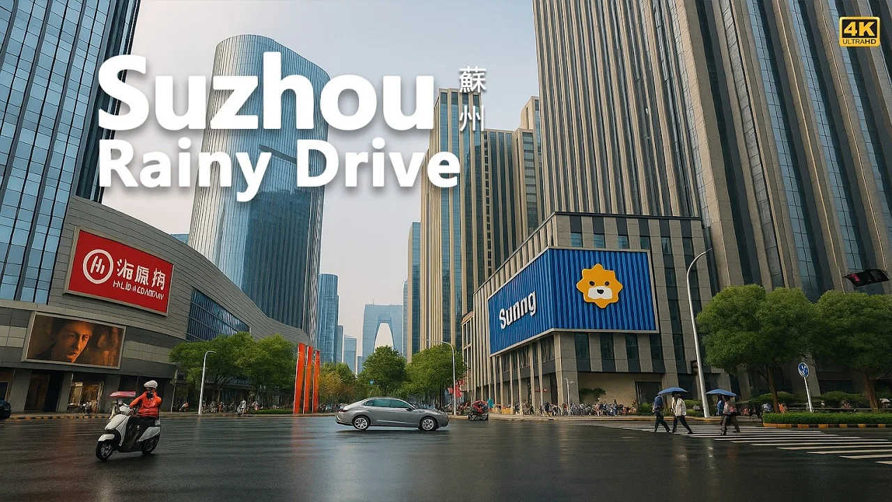 Rainy City Drive 4K — Suzhou, China | Modern Skyline, Gate of the Orient, SIP Waterfront scenic drive