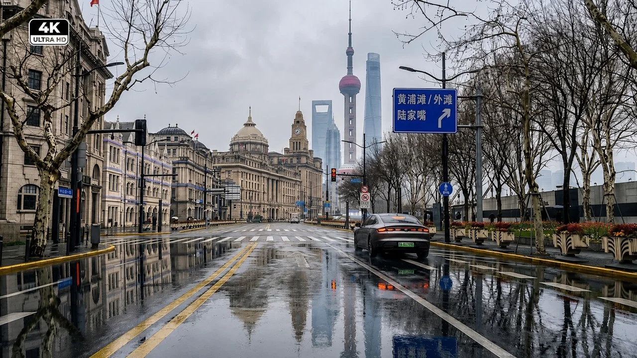 Driving Into Foggy Shanghai | Cloudy Skyscrapers to the Historic Bund | 4K Rainy Drive scenic drive