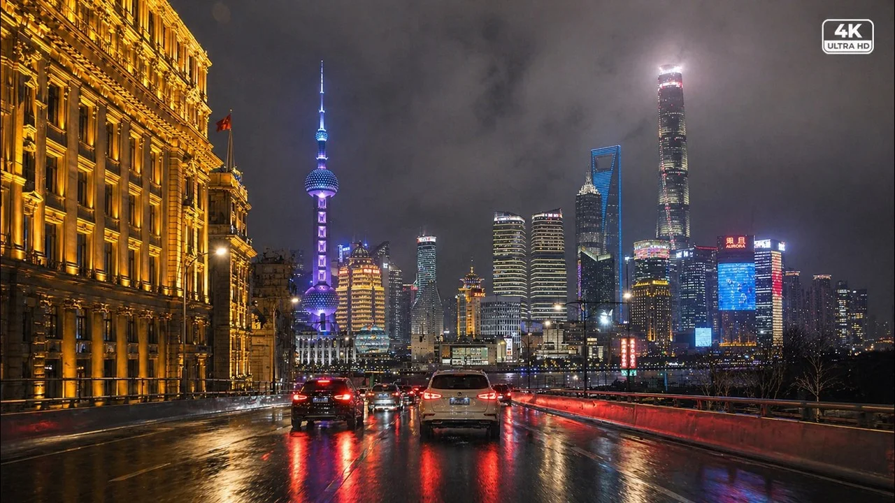 Driving Shanghai in Heavy Rain 4K - The ULTIMATE Cyberpunk Megacity & Giant Elevated Highways [ASMR] scenic drive